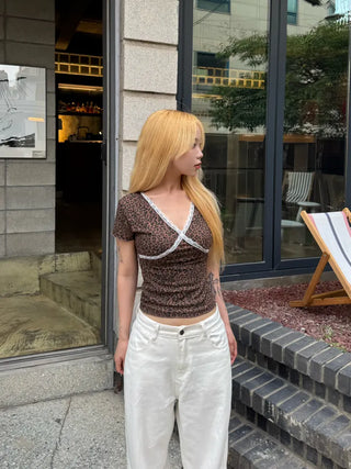 Lace Frill V-Neck Short Sleeve T-Shirt