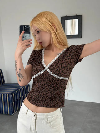 Lace Frill V-Neck Short Sleeve T-Shirt