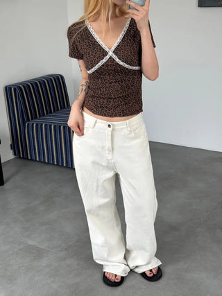 Lace Frill V-Neck Short Sleeve T-Shirt