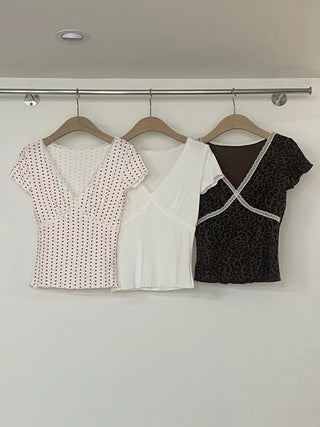 Lace Frill V-Neck Short Sleeve T-Shirt