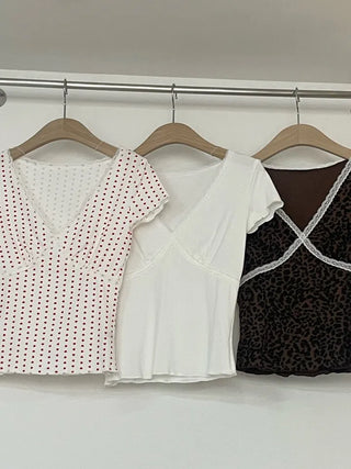 Lace Frill V-Neck Short Sleeve T-Shirt