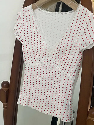 Lace Frill V-Neck Short Sleeve T-Shirt