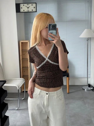 Lace Frill V-Neck Short Sleeve T-Shirt