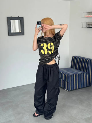 Y2K off-shoulder camouflage t-shirt