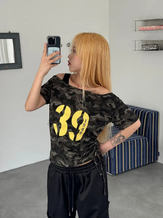Y2K off-shoulder camouflage t-shirt