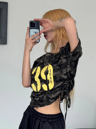 Y2K off-shoulder camouflage t-shirt