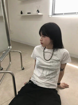 Casual Lettering Semi-Crop Short Sleeve Tee