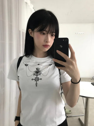 Vintage Necklace Round Neck Short Sleeve T-shirt