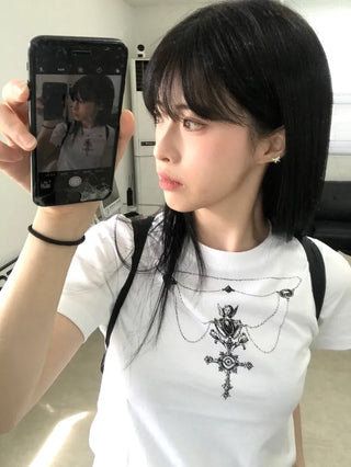 Vintage Necklace Round Neck Short Sleeve T-shirt