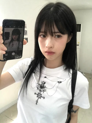 Vintage Necklace Round Neck Short Sleeve T-shirt