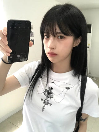 Vintage Necklace Round Neck Short Sleeve T-shirt
