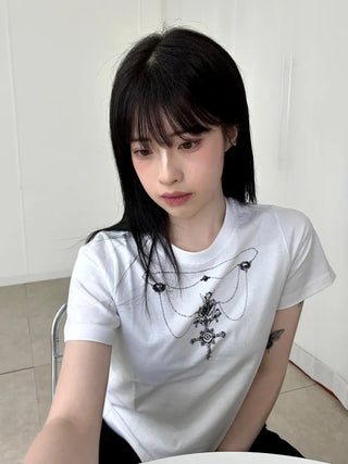 Vintage Necklace Round Neck Short Sleeve T-shirt