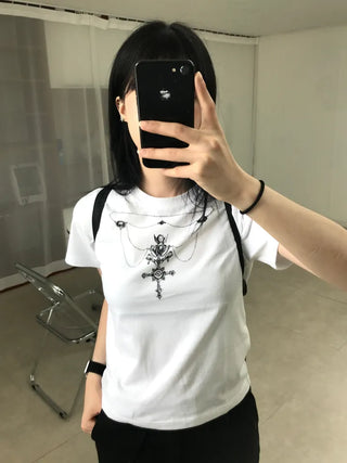 Vintage Necklace Round Neck Short Sleeve T-shirt