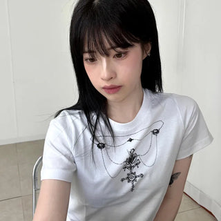 Vintage Necklace Round Neck Short Sleeve T-shirt