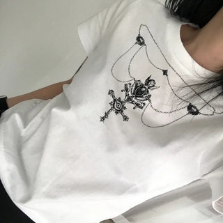 Vintage Necklace Round Neck Short Sleeve T-shirt