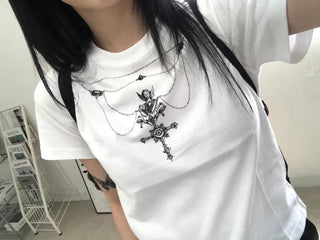 Vintage Necklace Round Neck Short Sleeve T-shirt