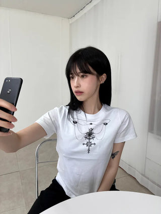 Vintage Necklace Round Neck Short Sleeve T-shirt