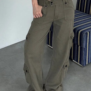 Casual Wide Button Pocket Basic Long Pants