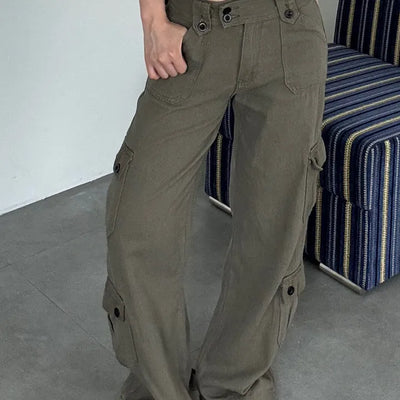 Casual Wide Button Pocket Basic Long Pants