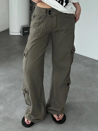 Casual Wide Button Pocket Basic Long Pants