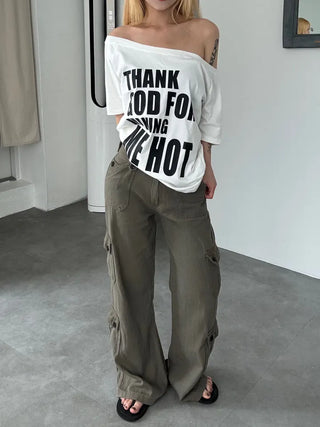 Casual Wide Button Pocket Basic Long Pants