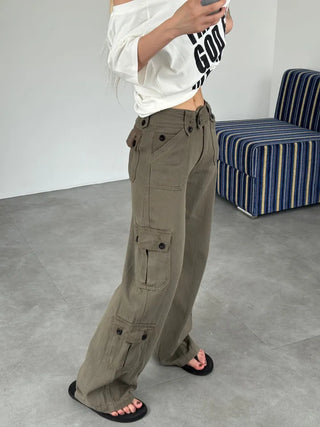 Casual Wide Button Pocket Basic Long Pants