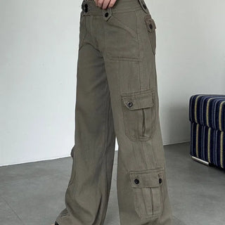 Casual Wide Button Pocket Basic Long Pants