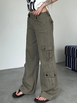 Casual Wide Button Pocket Basic Long Pants