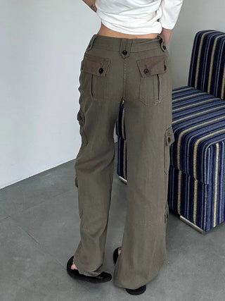 Casual Wide Button Pocket Basic Long Pants