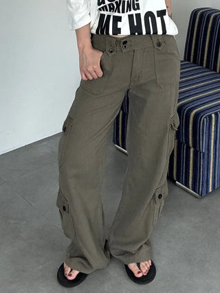 Casual Wide Button Pocket Basic Long Pants