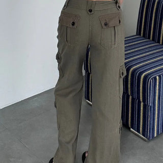 Casual Wide Button Pocket Basic Long Pants