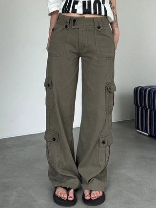 Casual Wide Button Pocket Basic Long Pants