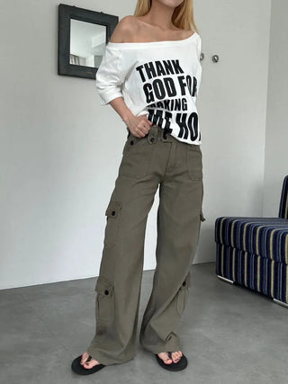 Casual Wide Button Pocket Basic Long Pants