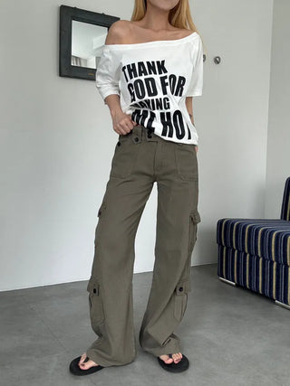 Casual Wide Button Pocket Basic Long Pants