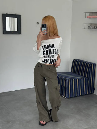 Casual Wide Button Pocket Basic Long Pants