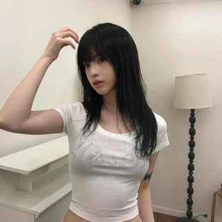Deep U-Neck Cubic Lettering Stretchy Crop Top