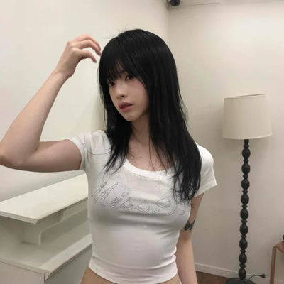Deep U-Neck Cubic Lettering Stretchy Crop Top