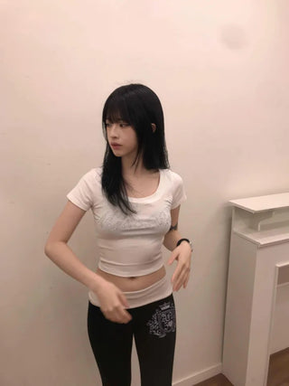 Deep U-Neck Cubic Lettering Stretchy Crop Top