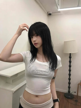 Deep U-Neck Cubic Lettering Stretchy Crop Top