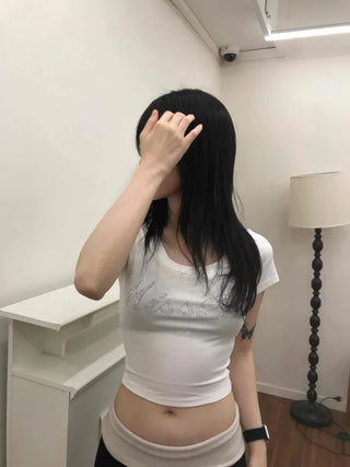 Deep U-Neck Cubic Lettering Stretchy Crop Top