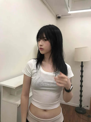 Deep U-Neck Cubic Lettering Stretchy Crop Top
