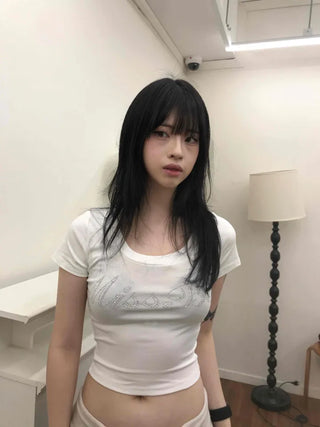 Deep U-Neck Cubic Lettering Stretchy Crop Top