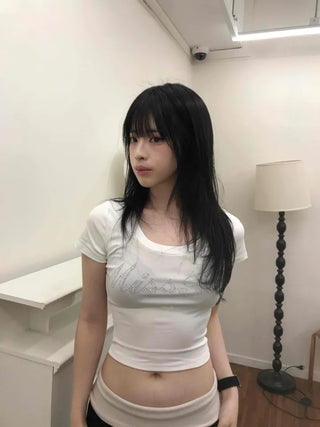 Deep U-Neck Cubic Lettering Stretchy Crop Top