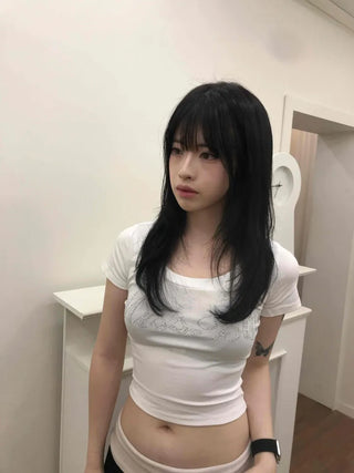 Deep U-Neck Cubic Lettering Stretchy Crop Top
