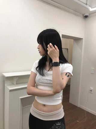 Deep U-Neck Cubic Lettering Stretchy Crop Top