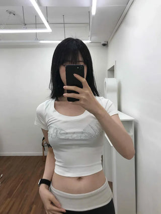 Deep U-Neck Cubic Lettering Stretchy Crop Top