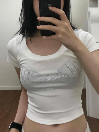 Deep U-Neck Cubic Lettering Stretchy Crop Top