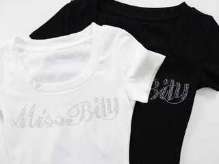 Deep U-Neck Cubic Lettering Stretchy Crop Top