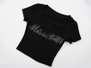 Deep U-Neck Cubic Lettering Stretchy Crop Top