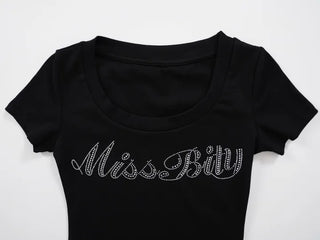 Deep U-Neck Cubic Lettering Stretchy Crop Top